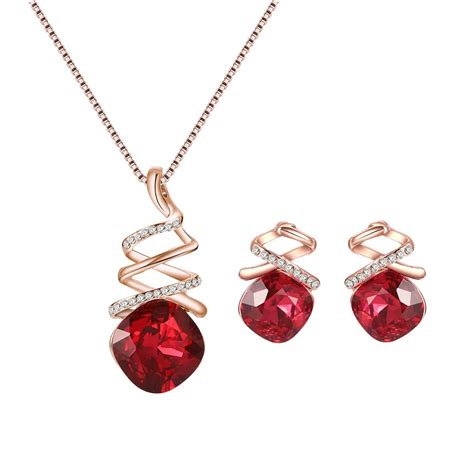 2017 New Style Simple Fashion Earrings Necklace Set Red Pendant Gold
