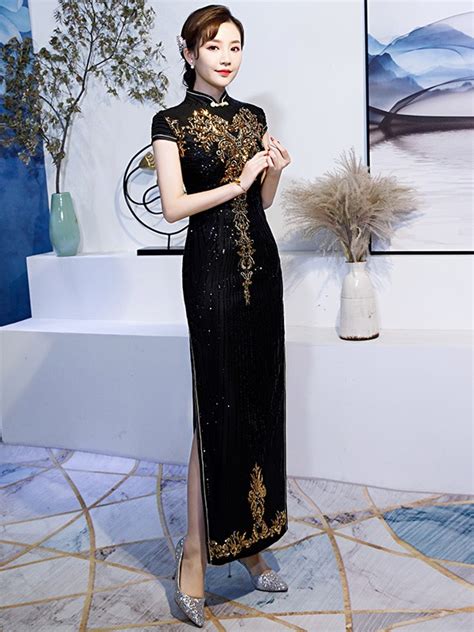 Black Sequined Long Qipao Cheongsam Party Dress Cozyladywear