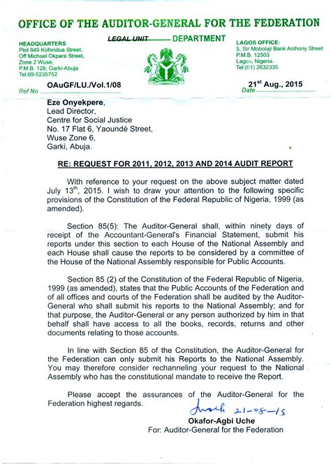 Response From The Auditor General Of The Federation In Respect To