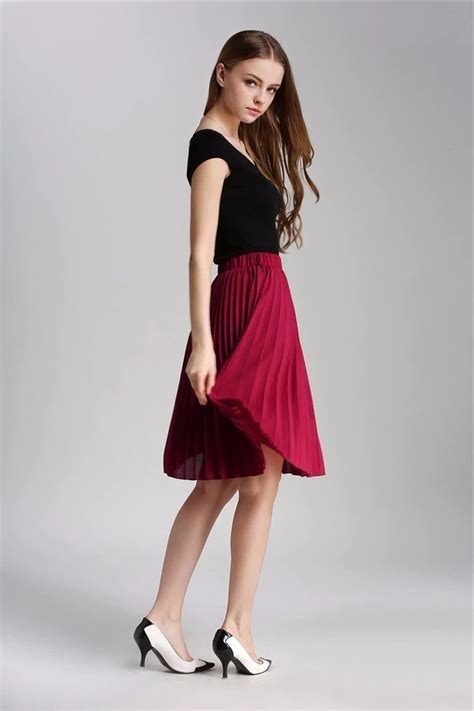 Black Knee Length High Elastic Waist Pleated Women Skirt Casual Spring Summer Skirts