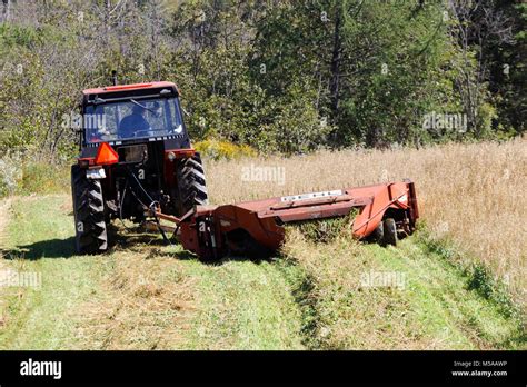 Quebec Kanada Farm Traktor Schneiden Getreideernte Stockfotografie