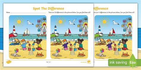 Seaside Spot The Difference Activity 2 Sheets Twinkl
