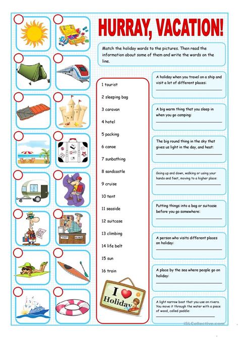 Try 20 festive holiday activities for seniors that everyone can enjoy & adapt for physical or cognitive limitations. Vacation (Matching Exercise) - English ESL Worksheets for ...