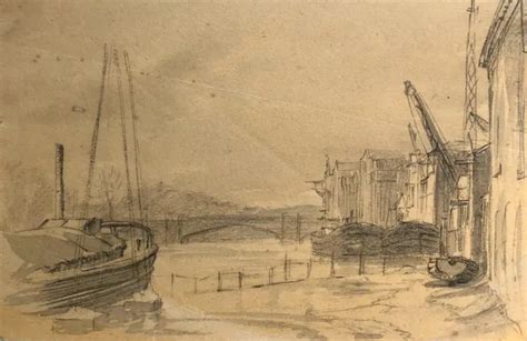 Original C19th Antique Pencil Sketch Drawing Old River Ouse And Bridge