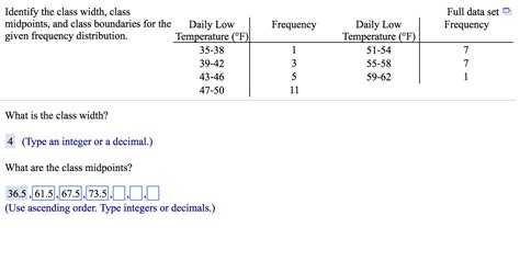 Make a frequency table showing class boundaries and cumulative frequencies. Solved: Identify The Class Width, Class Midpoints, And Cla ...