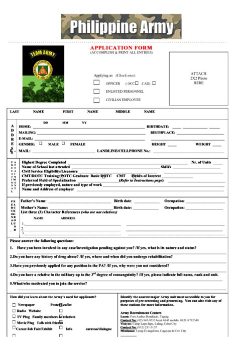 Printable Army Application Form Printable Forms Free Online