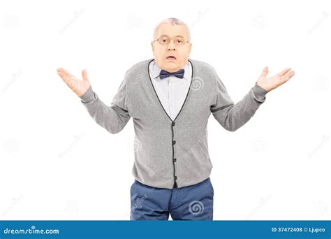 Confused Senior Man Gesturing With Hands Isolated On White Backg