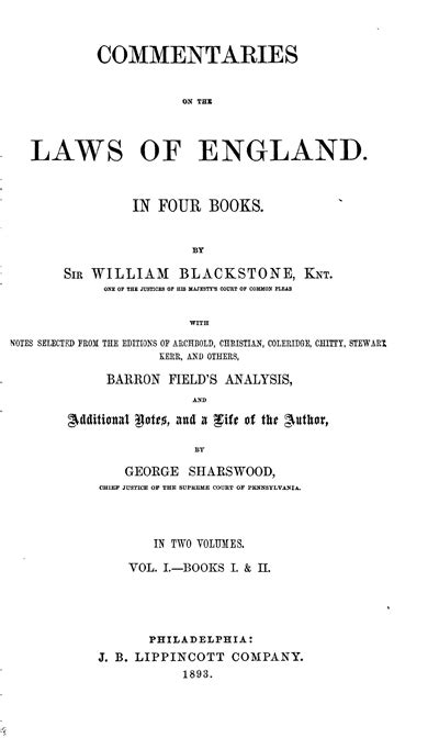 Commentaries On The Laws Of England In Four Books Vol 1 Online Library Of Liberty