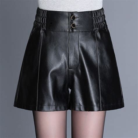 2018 New Thin Elastic Waist Pu Leather Shorts Female Large Size Shorts High Waist A Line Loose