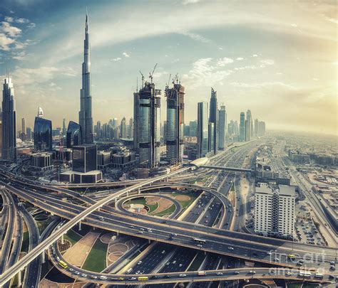 Spectacular Daytime Skyline Of Dubai Uae With Skyscrapers And