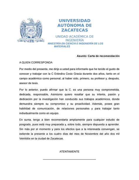 Carta Recomendación Doctorado UNIVERSIDAD AUTÓNOMA DE ZACATECAS