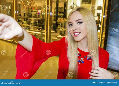 Young Beautiful Blond Woman Taking Selfie With Mobile Phone Stock Image Image Of Dress Hands