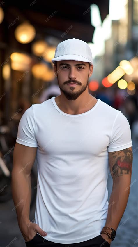 Premium Ai Image Male Latin Model In White T Shirt Mockup In A Local Street Generative Ai
