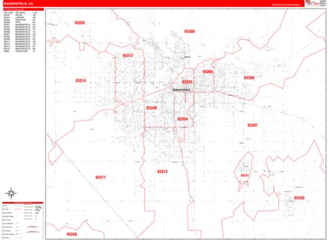 Bakersfield California Zip Code Wall Map Red Line Style By Marketmaps