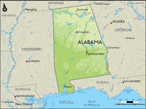 Detailed Clear Large Road Map Of Alabama Topography And Physical