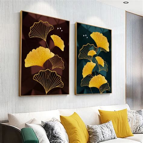 Modern Black Golden Poster Luxury Wall Art Picture Abstract Ginkgo