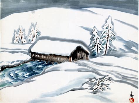 obata gentle snowscape featuring a covered bridge sold egenolf gallery japanese prints