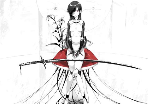Wallpaper Drawing Illustration Flowers Long Hair Anime Girls Robot Cartoon Katana Red