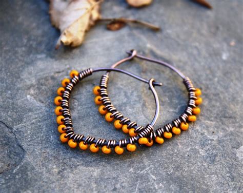 Petal Hoop Earrings Oxidized Copper Marigold Seed Bead Earrings One