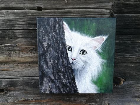 Cat Acrylic Canvas Painting Original By An Artist White Cat Portrait