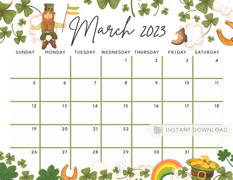 Fillable March 2023 Calendar Lucky Planner For The Month Saint Etsy