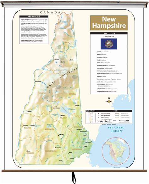 New Hampshire Large Scale Shaded Relief Wall Map On Roller With