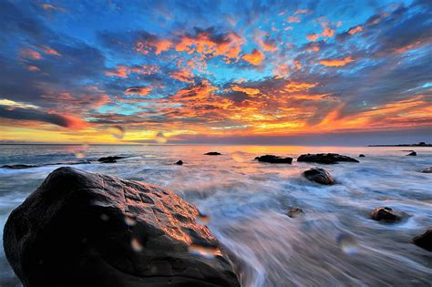 Ocean Waves Rocks Pretty Shore Sun Drops Sunset Clouds Beach