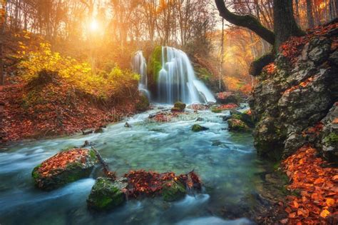 Waterfall At Mountain River In Autumn Forest At Sunset Beautiful