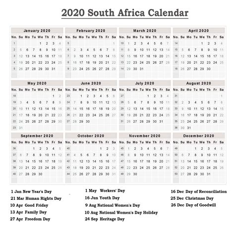 South Africa Holidays 2020 Calendar Template Printable