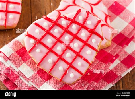 Homemade Pink Valentines Day Cookies Shaped Like A Heart Stock Photo