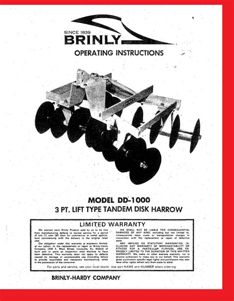 Owners Manual For Brinly Dd 1000 3pt Double Gang Disk Harrow Disc Lawn