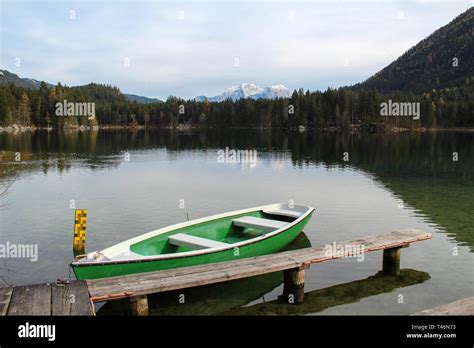 Scenic Image At The Mountain Lake Hintersee In The Bavarian Alps Stock