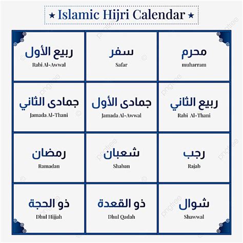 Blauwe Arabische Tekst Van Maand Islamitisch Hijri Kalenderontwerp