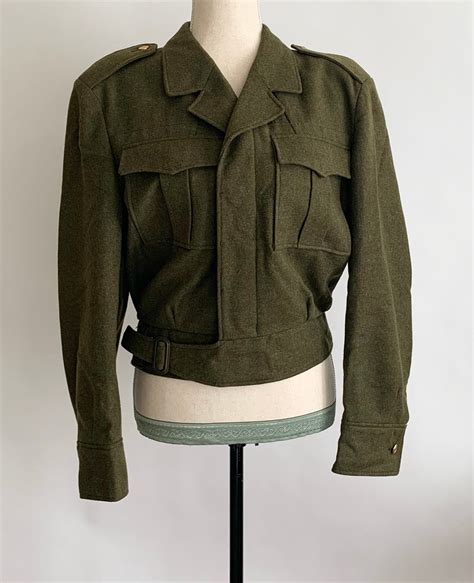 Wool Military Jacket Army Green Olive Coat Cropped Length Vintage