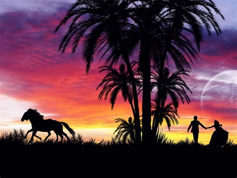 Love Romance Pictures Young Couple Together Silhouette Of Trees Horses ...