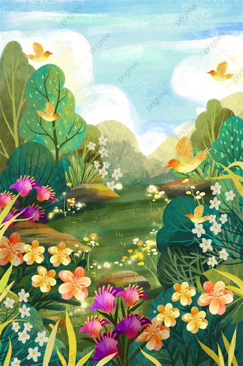 여름 그림책 초원 꽃 덤불 구름 푸른 하늘 배경 배경 화면 및 일러스트 무료 다운로드 Pngtree