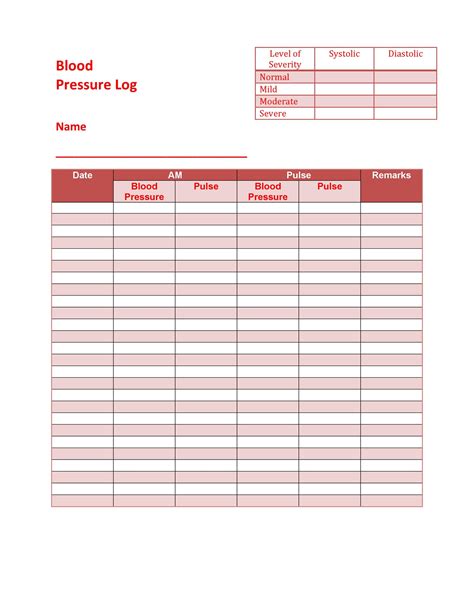Printable Blood Pressure Chart Template