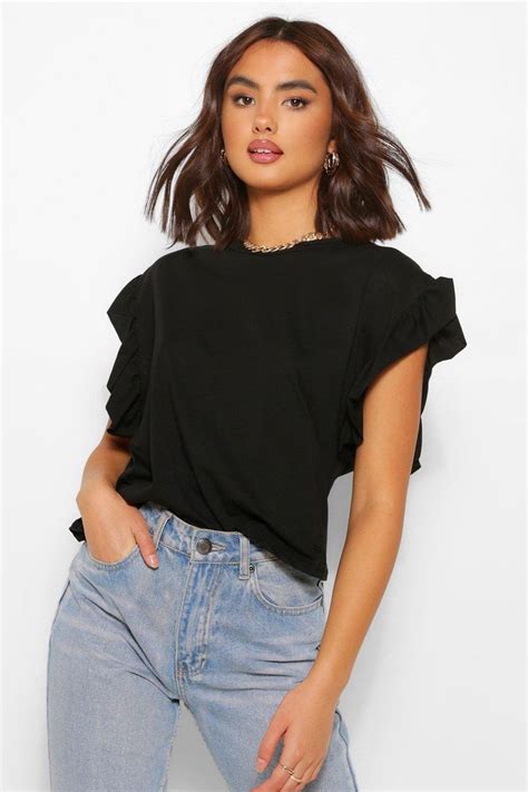 Womens Ruffle Sleeve Jersey Tee Black 4 Steal The Style Top Spot