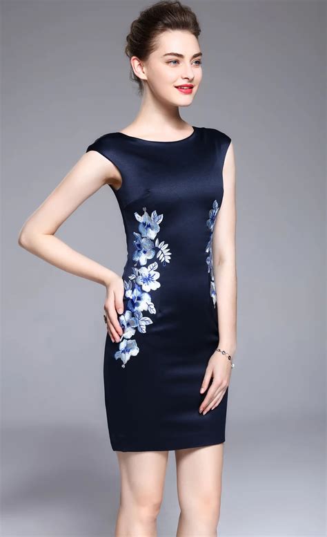 Embroidery Women Sheath Dress Round Neck Mini Dresses 041715 In Dresses From Womens Clothing On