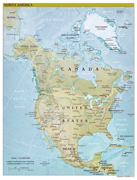 Large Scale Political Map Of North America With Relief Major Cities