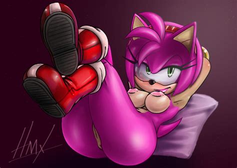 Rule 34 Amy Rose Ass Breasts Hmx Laying Down Legs Crossed Looking At Viewer Pussy Shiny
