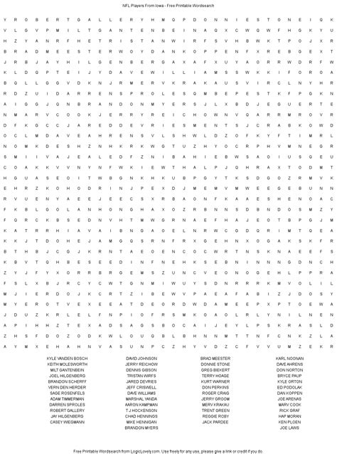 NFL Players From Iowa Word Search Hard Logic Lovely