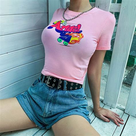 Angel Letter Print Pink Crop Tops Summer Women New Short Sleeve O Neck Skinny T Shirt L