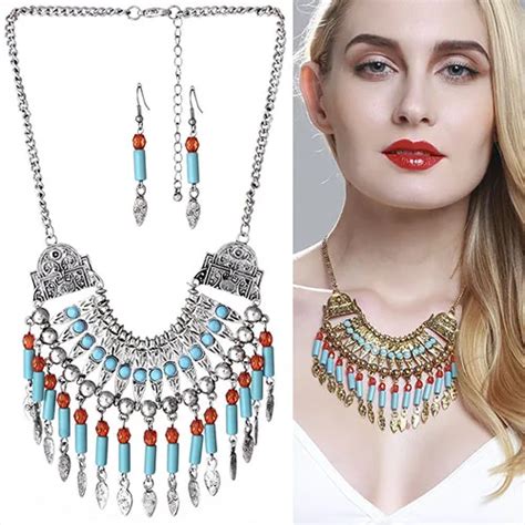 women s vintage bohemian tassels necklace earrings alloy choker chain jewelry set new arrival