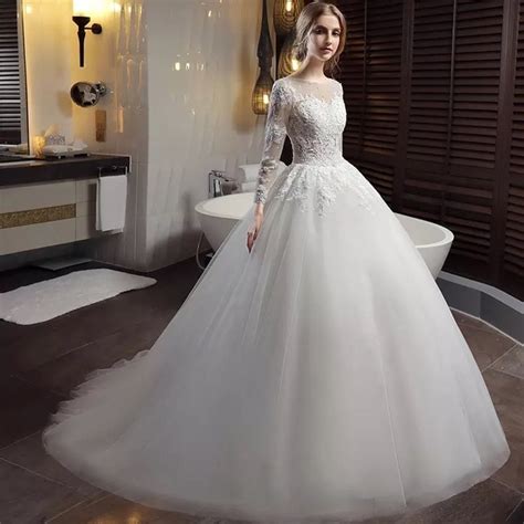 Long Sleeve Lace Wedding Dresses Ball Gown Backless Princess Weding