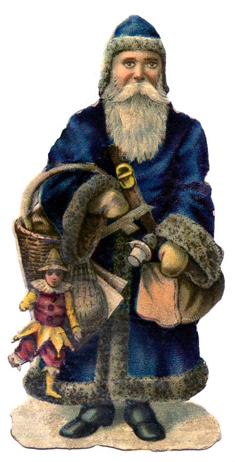 Vintage Christmas Graphic Old World Santa In Blue Coat