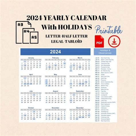 2024 Year Calendar With Holidays And Observances Printable Yearly Wall