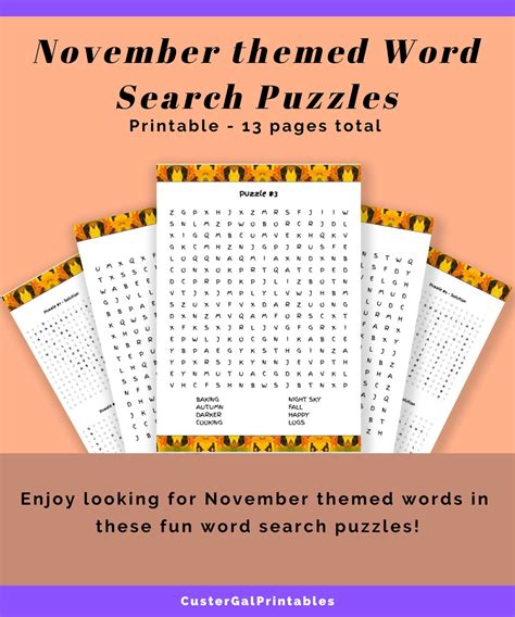 November Themed Word Search Puzzles Word Game Word Search Etsy
