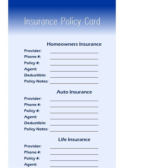 insurance policy card  excel templates