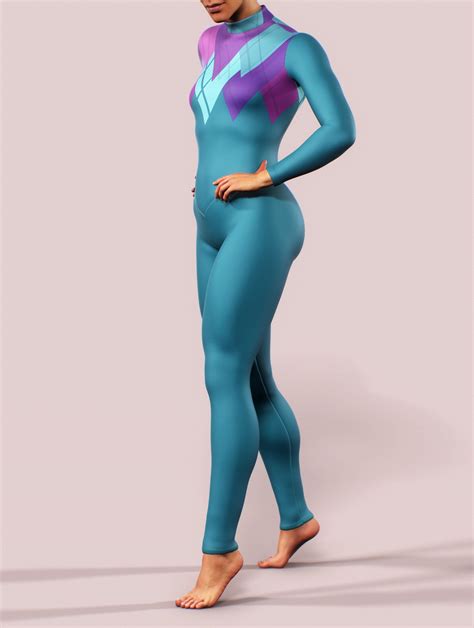 Turquoise Long Sleeve Bodysuit Workout Lycra Jumpsuit Blue Geometry